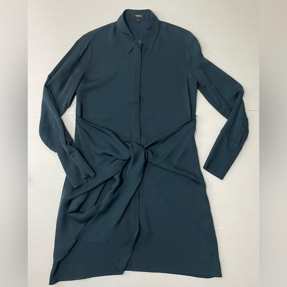 Theory Dark Teal Long-Sleeve Tie-Waist Shirt Dress
